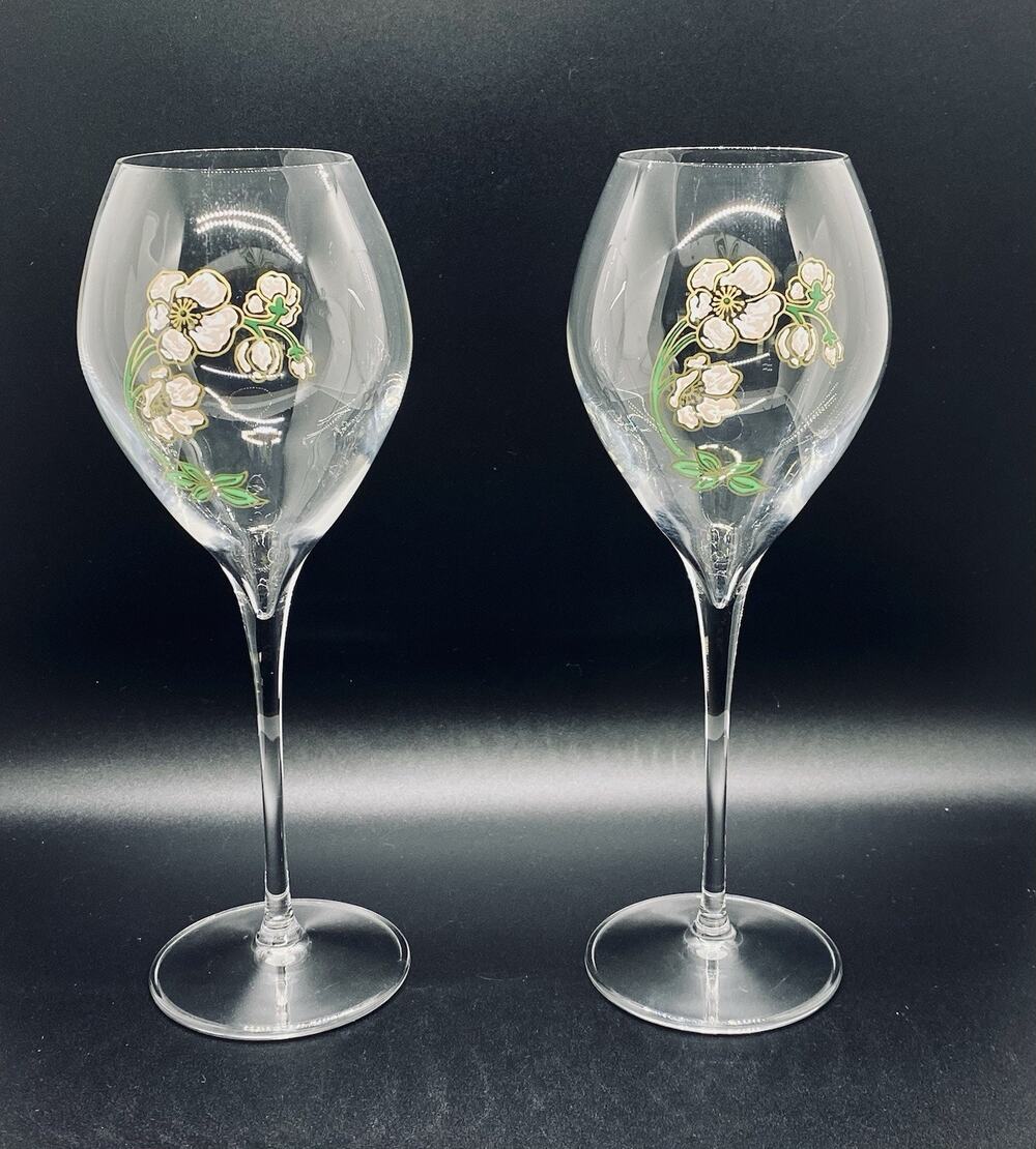 2 Perrier~Jouet Verre Belle Epoque Hand Painted Animone Grand Champagne Glasses